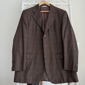 Belvest Blazer Men 44L Brown Windowpane 100% Cashmere Sport Coat Italy Jacket